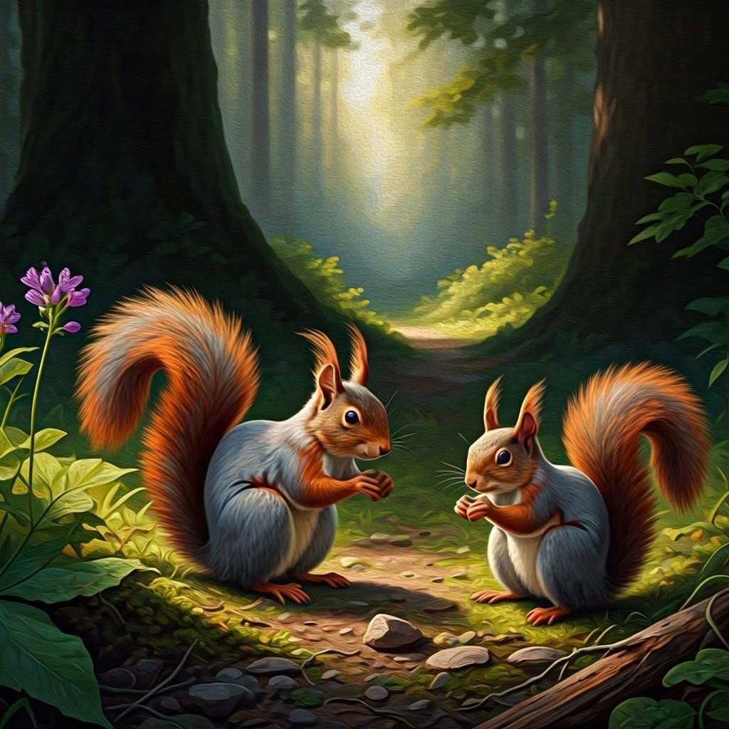 Squirrel Family Foraging, Detailed Oil Painting