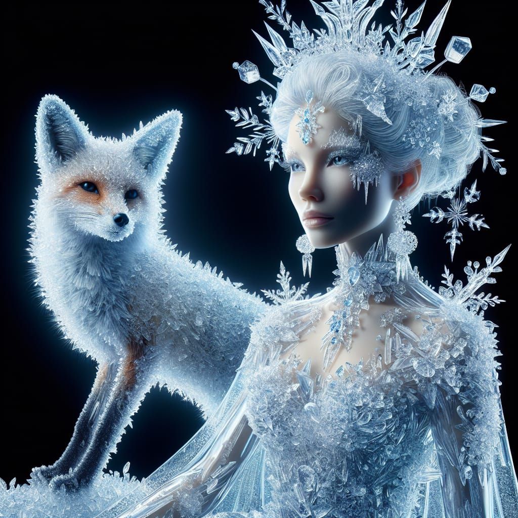 a stunning female ice queen with her ice fox, the queen and ...