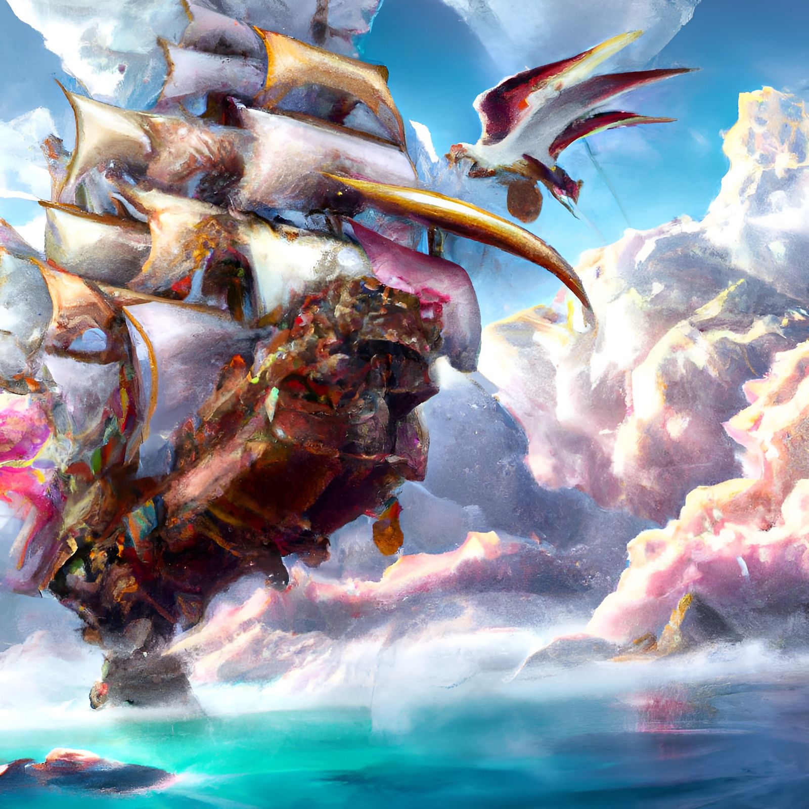 Pirate Ship Soaring Through Sunset Clouds
