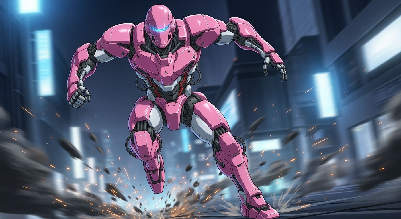 Sleek Pink Anime Mech in Dynamic Urban Charge