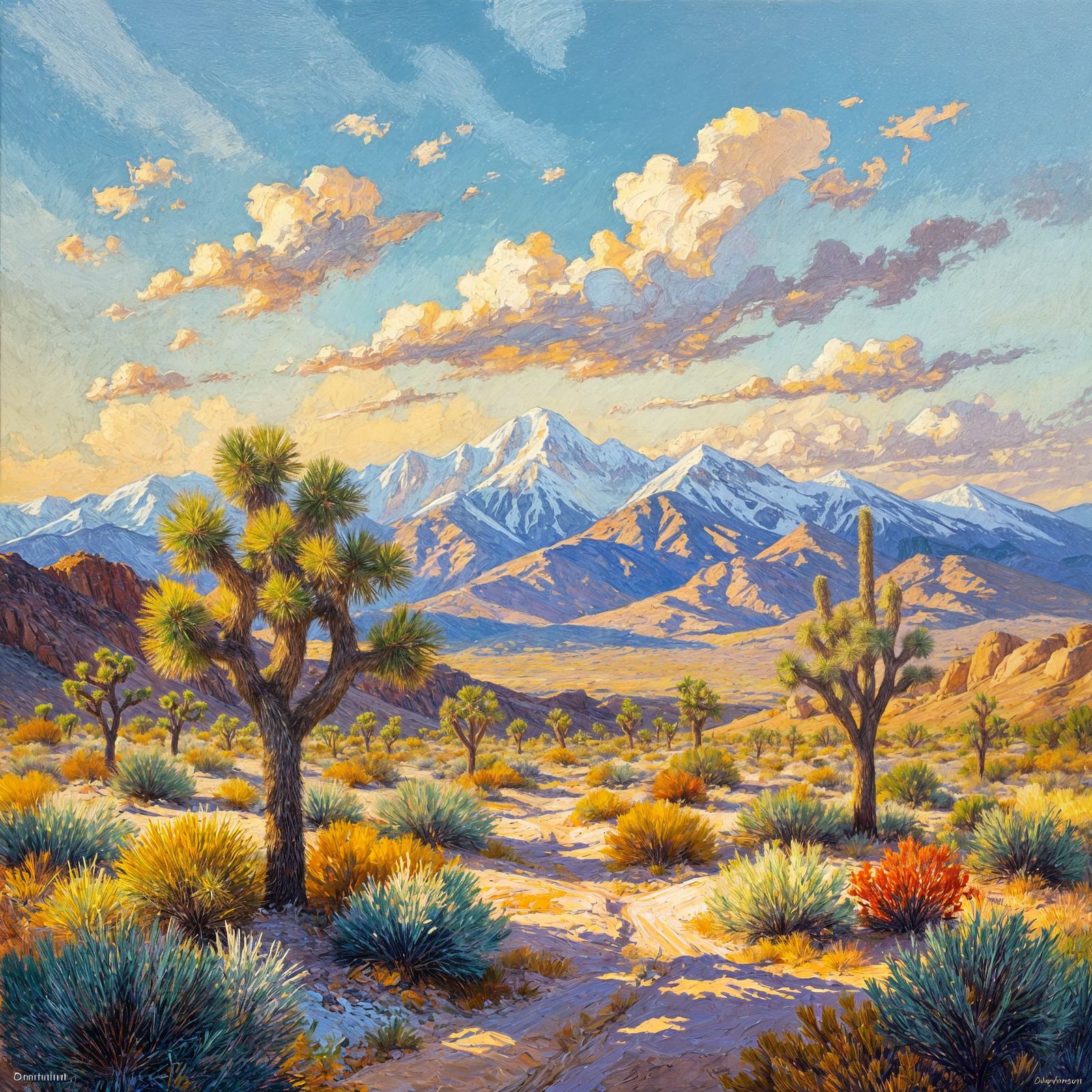 Desert Mountains with Joshua Trees in Neo-Impressionist Styl...