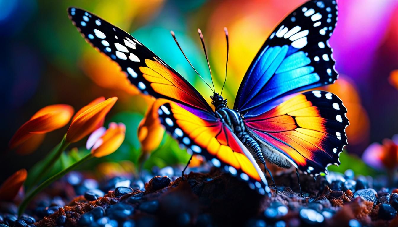 Hyperrealistic Butterfly Close-Up in Cyberpunk Splash Art