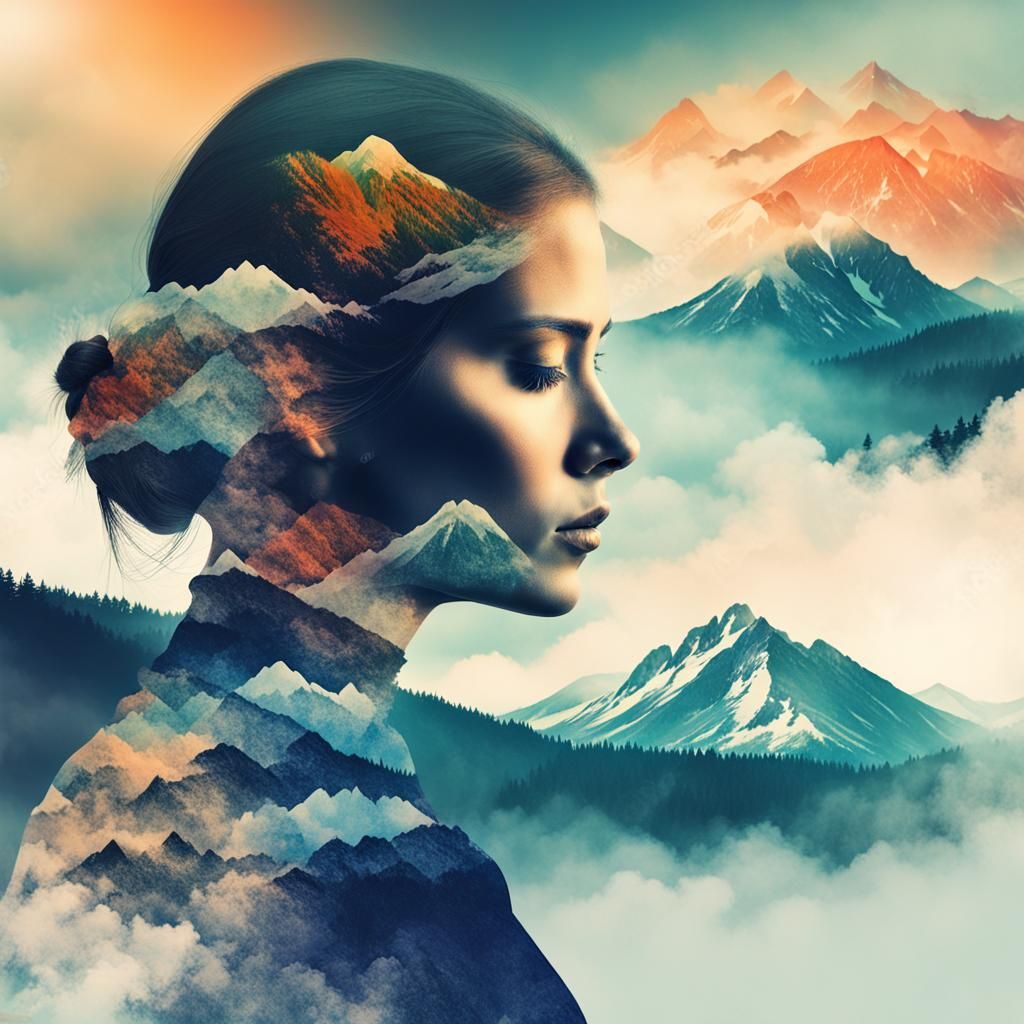 Double Exposure: Woman and Mountain Landscape