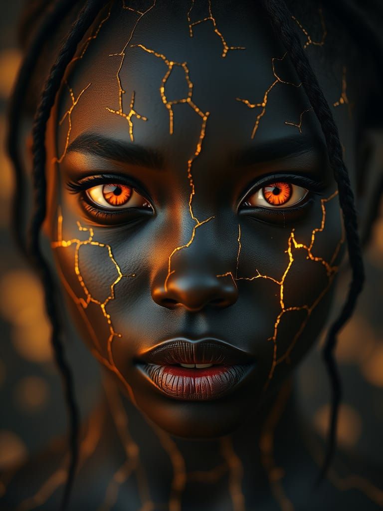 Golden Cracks on a Woman's Face in Hyper-Realistic Close-Up