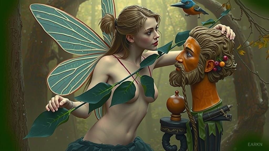 Blond Fairy Woman in Forest with Man Statue