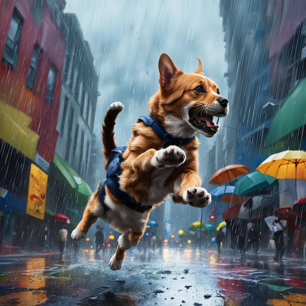 Hyperrealistic Rainy Cityscape with Falling Animals