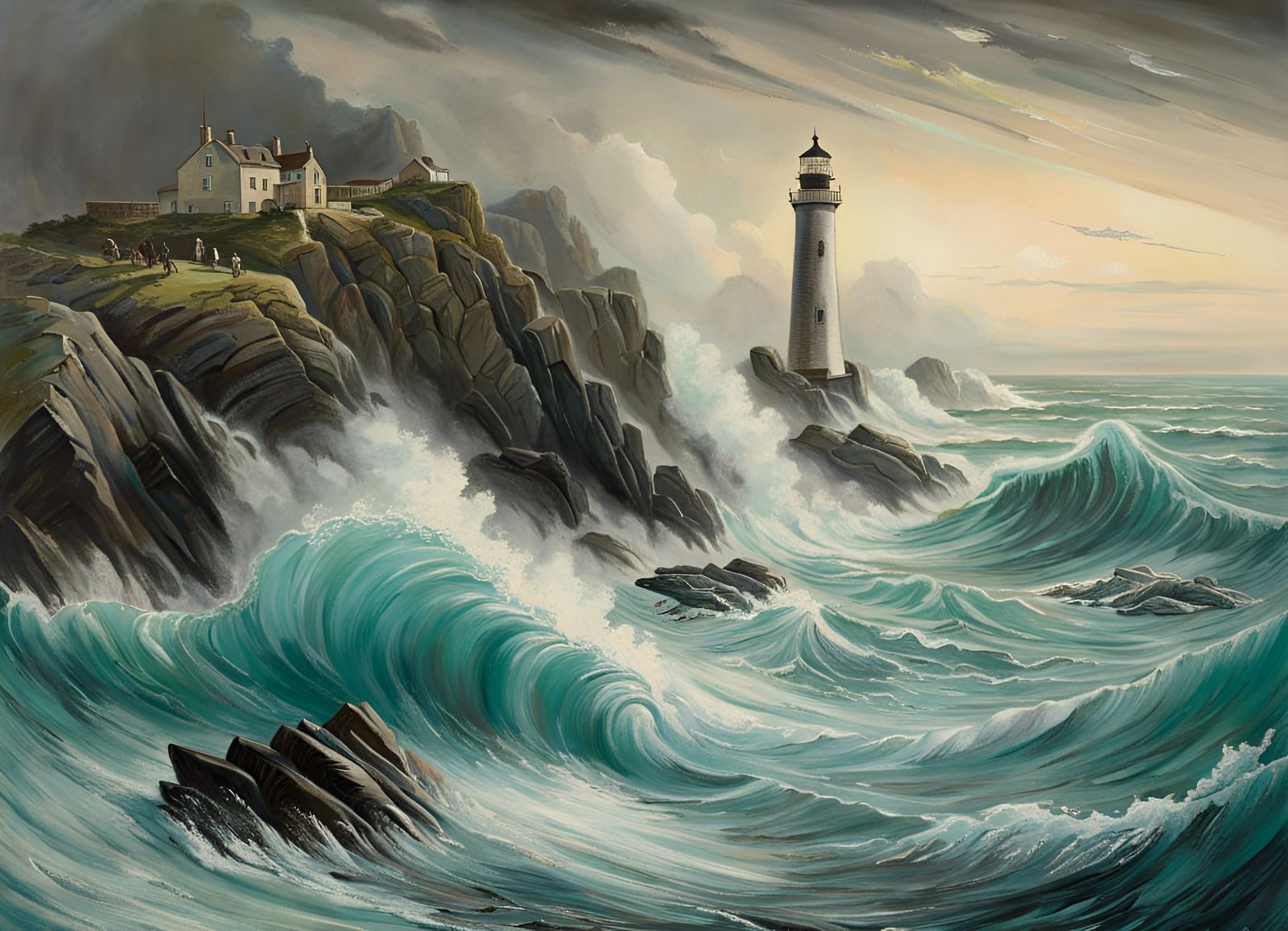 Stormy Seascape with Turquoise Waves in Pastel Colors