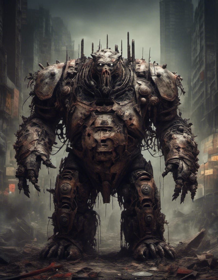 Creepy Zombie Bear Robot Portrait in Horrorcore Style