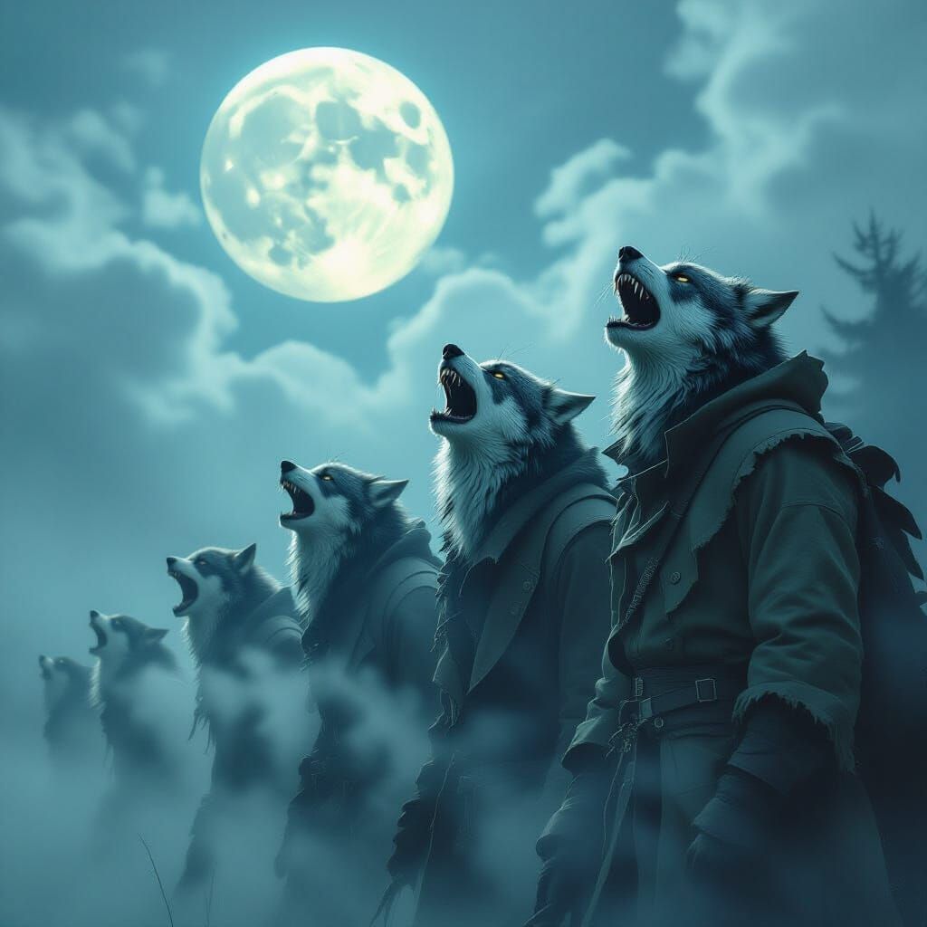 Werewolves Howling at Moon in Eerie Fog