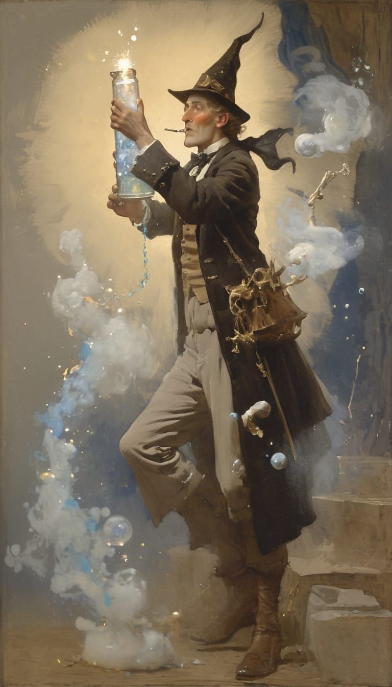 Wizard Conjures Magic Potion in Norman Lindsay Style