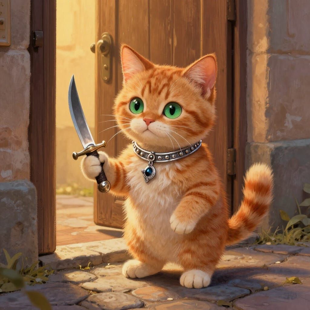 Ginger Kitten with Dagger Outside Wooden Door