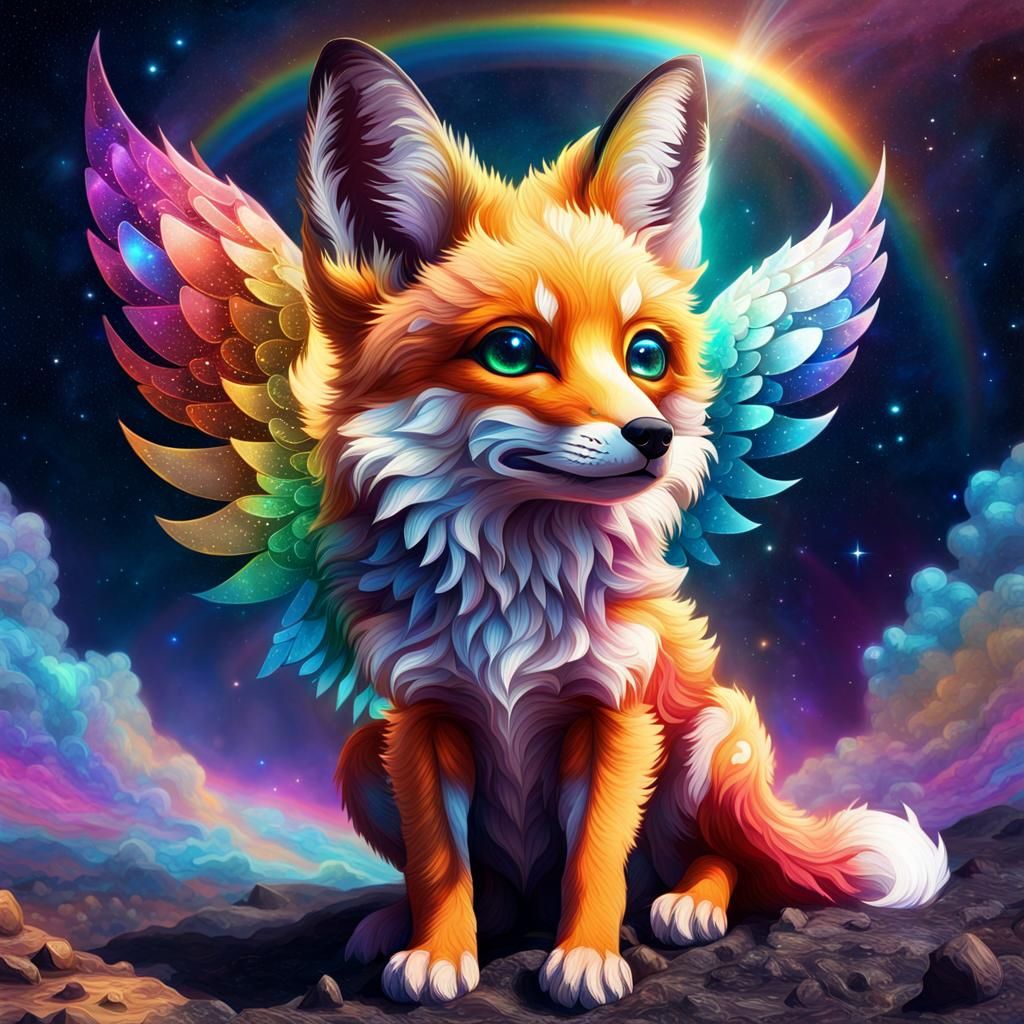 Rainbow Fox Pup in Solar Space, Holographic Illustration