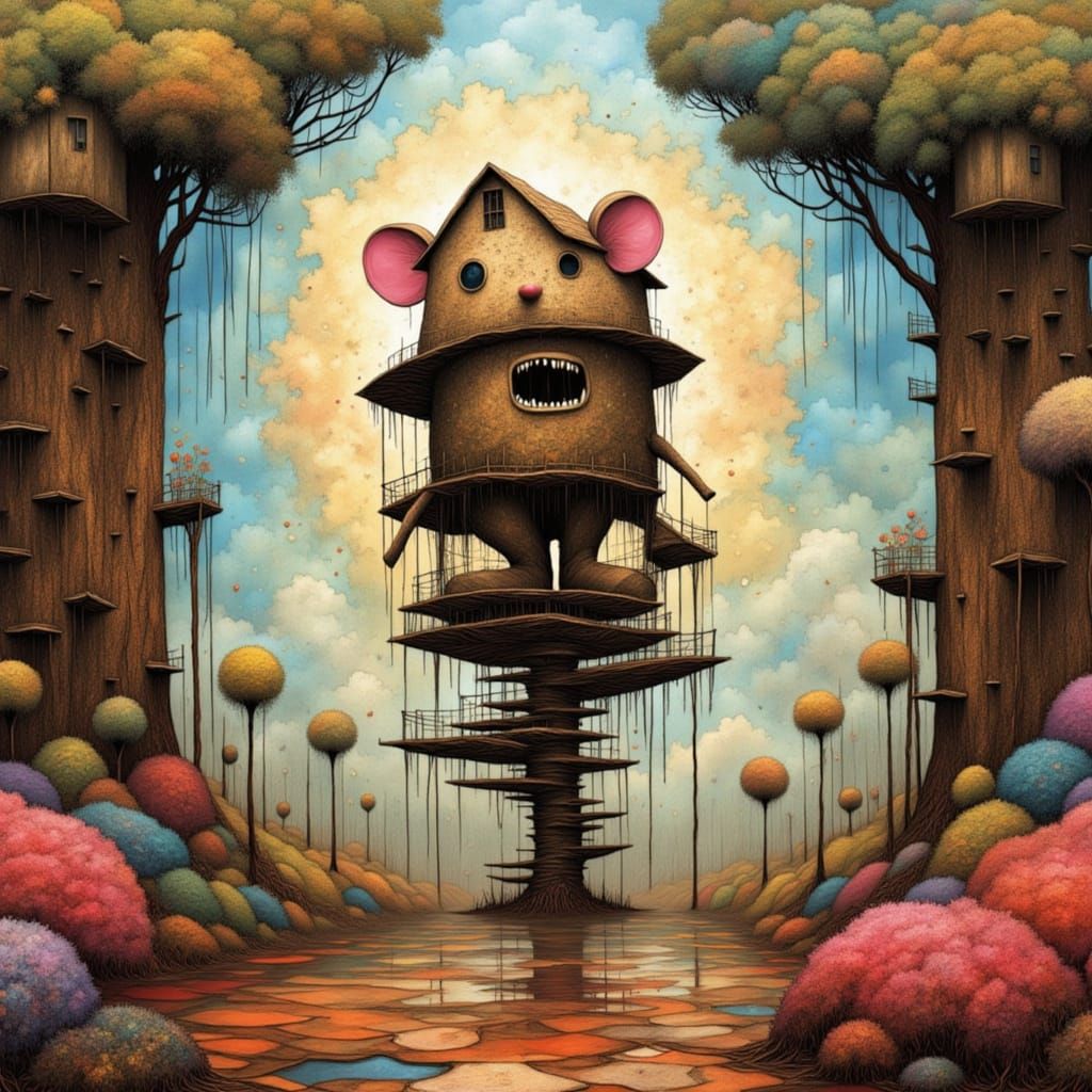 <lora:SOS STACKED STILTS:1.0> Shy mouse with big teeth runni...