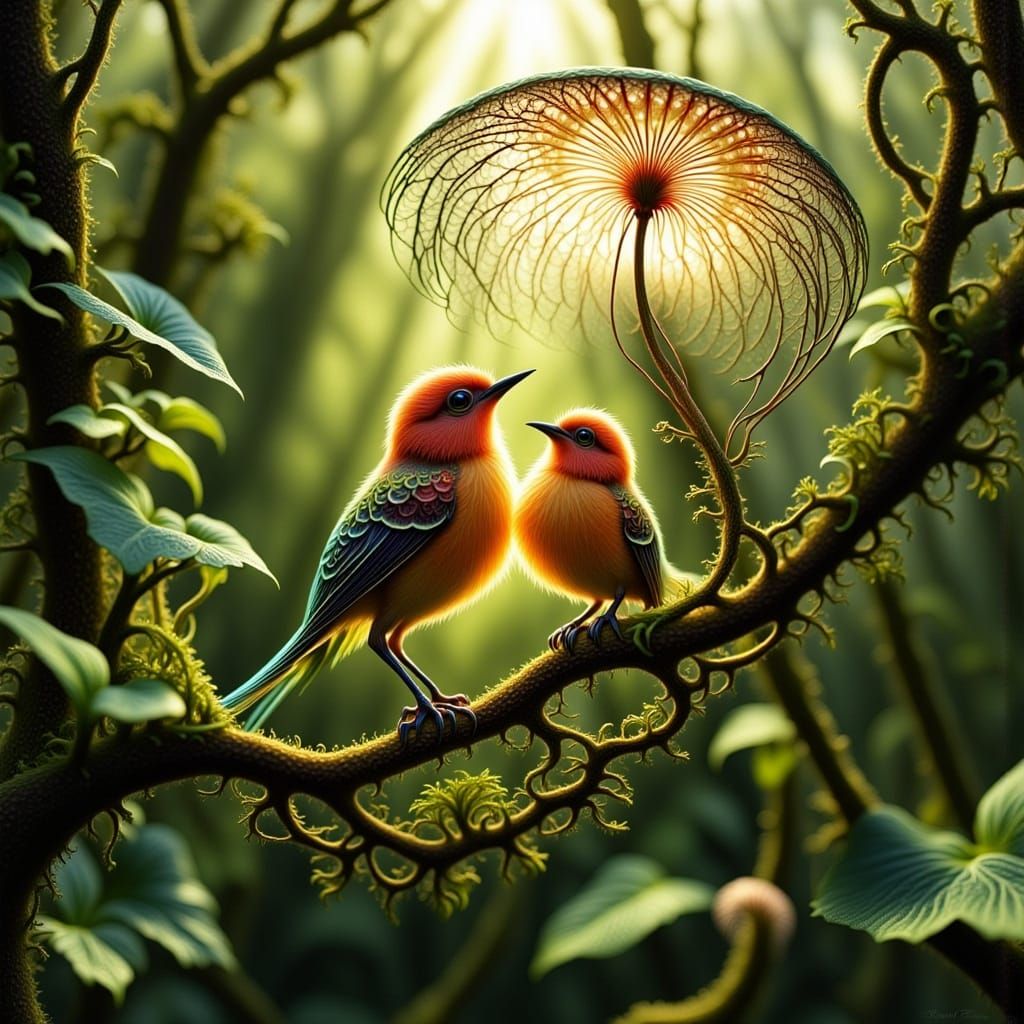 Birds Protected by Flowing Tree-Mushroom