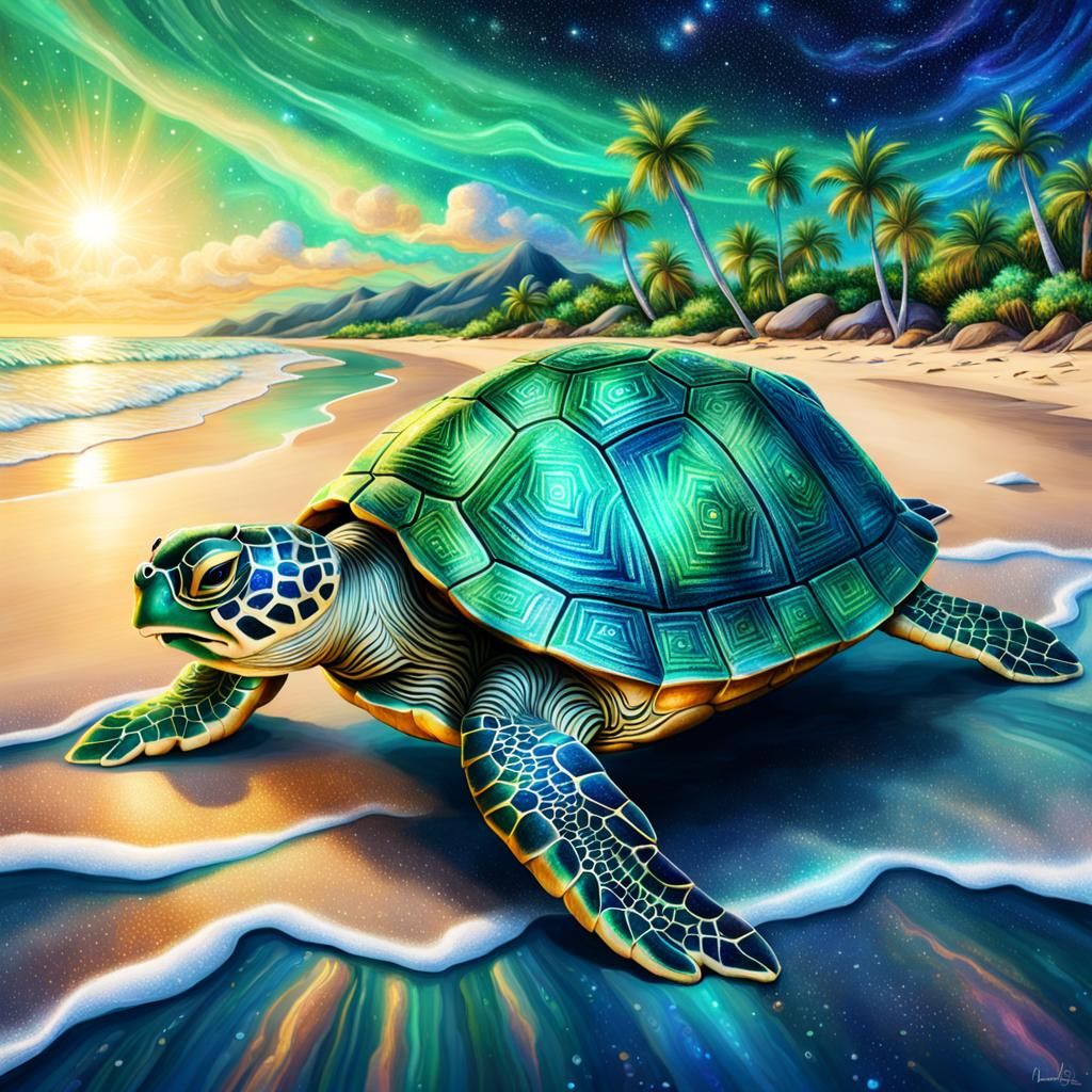 Emerald Turtle on Beach: Cosmic Holographic Illustration