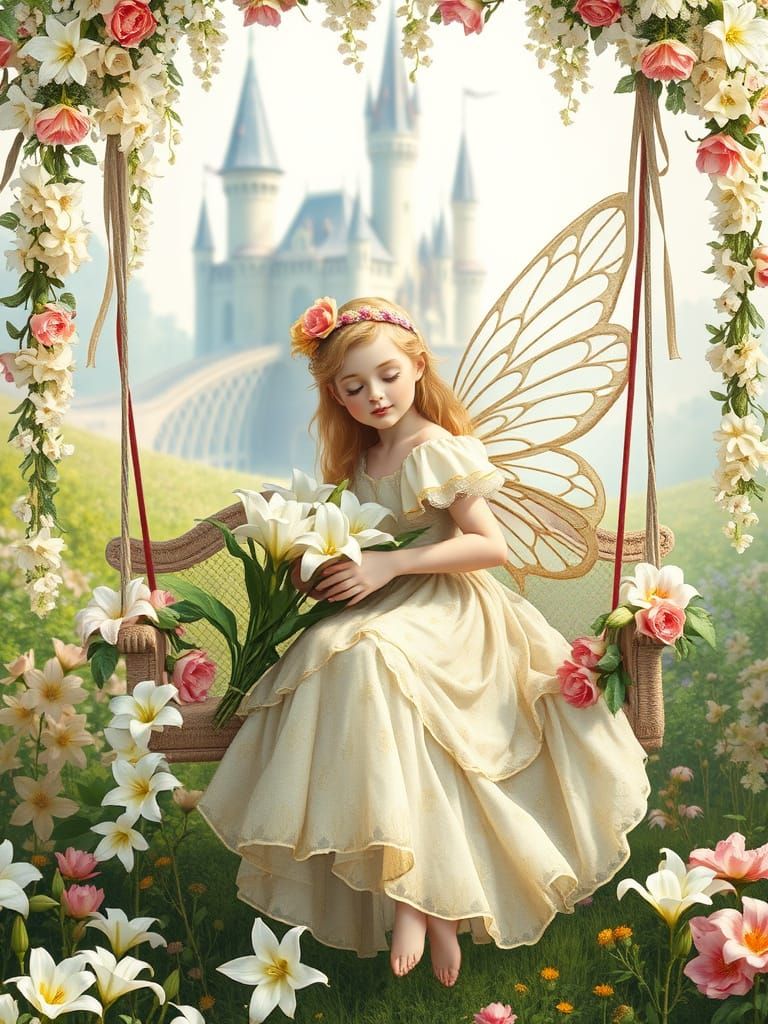 Vintage Spring Fairy in Whimsical Garden Swing with Lilies a...
