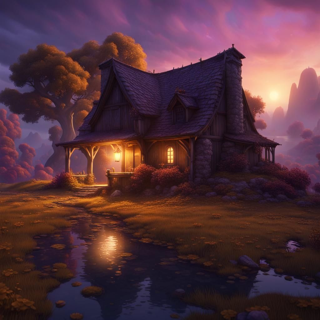 Floating Cottage: A Dark Fantasy Landscape