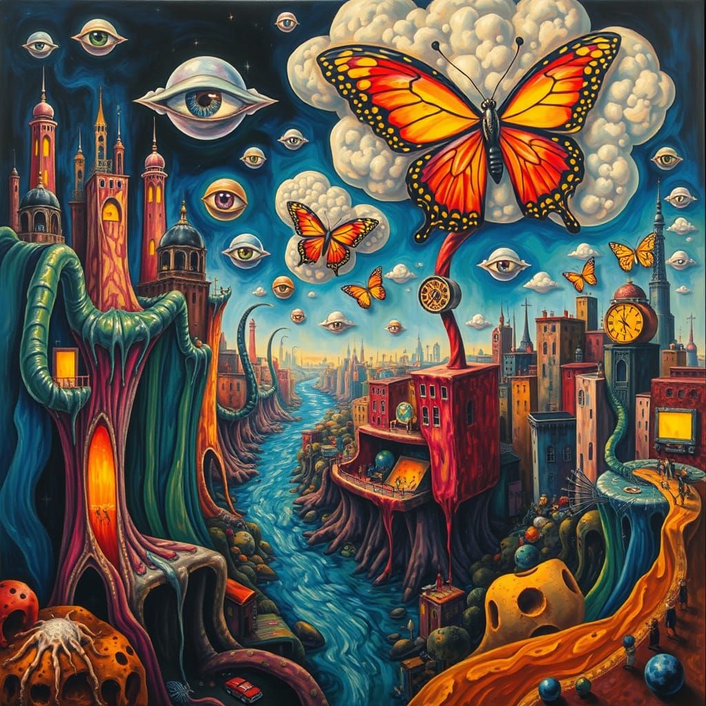 Surreal Cityscape with Jelly Buildings, Miró and Dalí Style