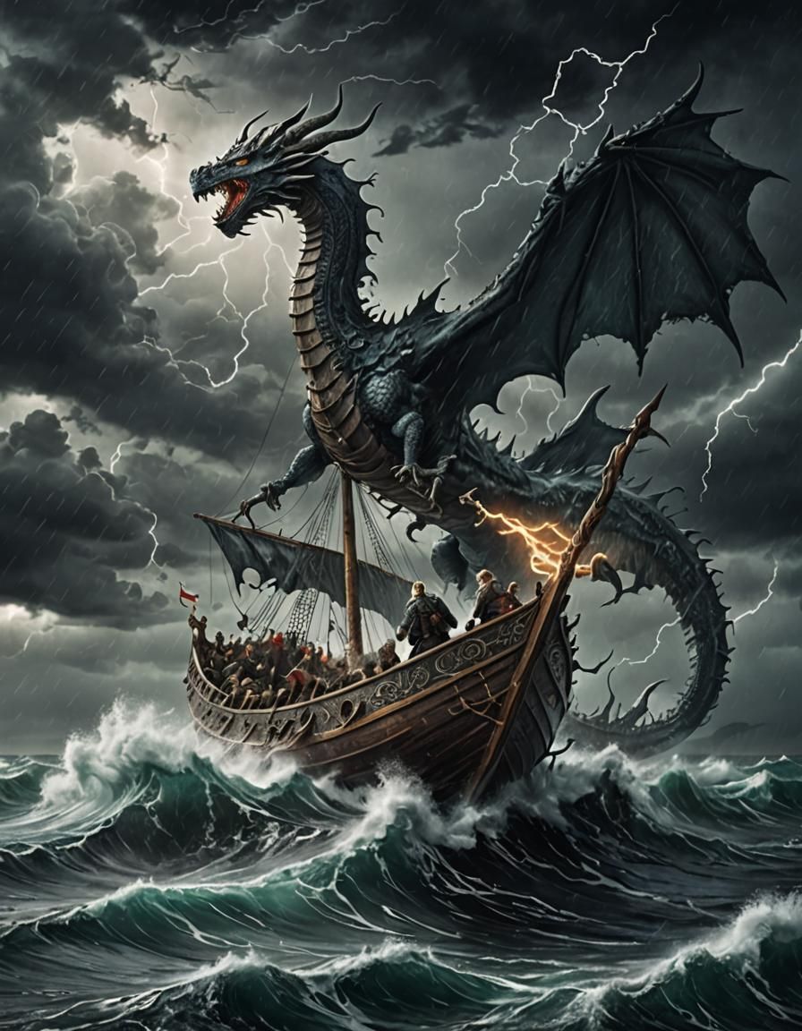 Ghost Viking Longboat in Stormy Seas with Dragons