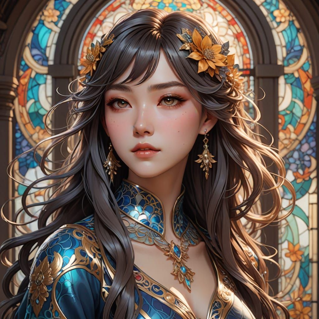 Elegant Art Nouveau Portrait in Cyberpunk Style