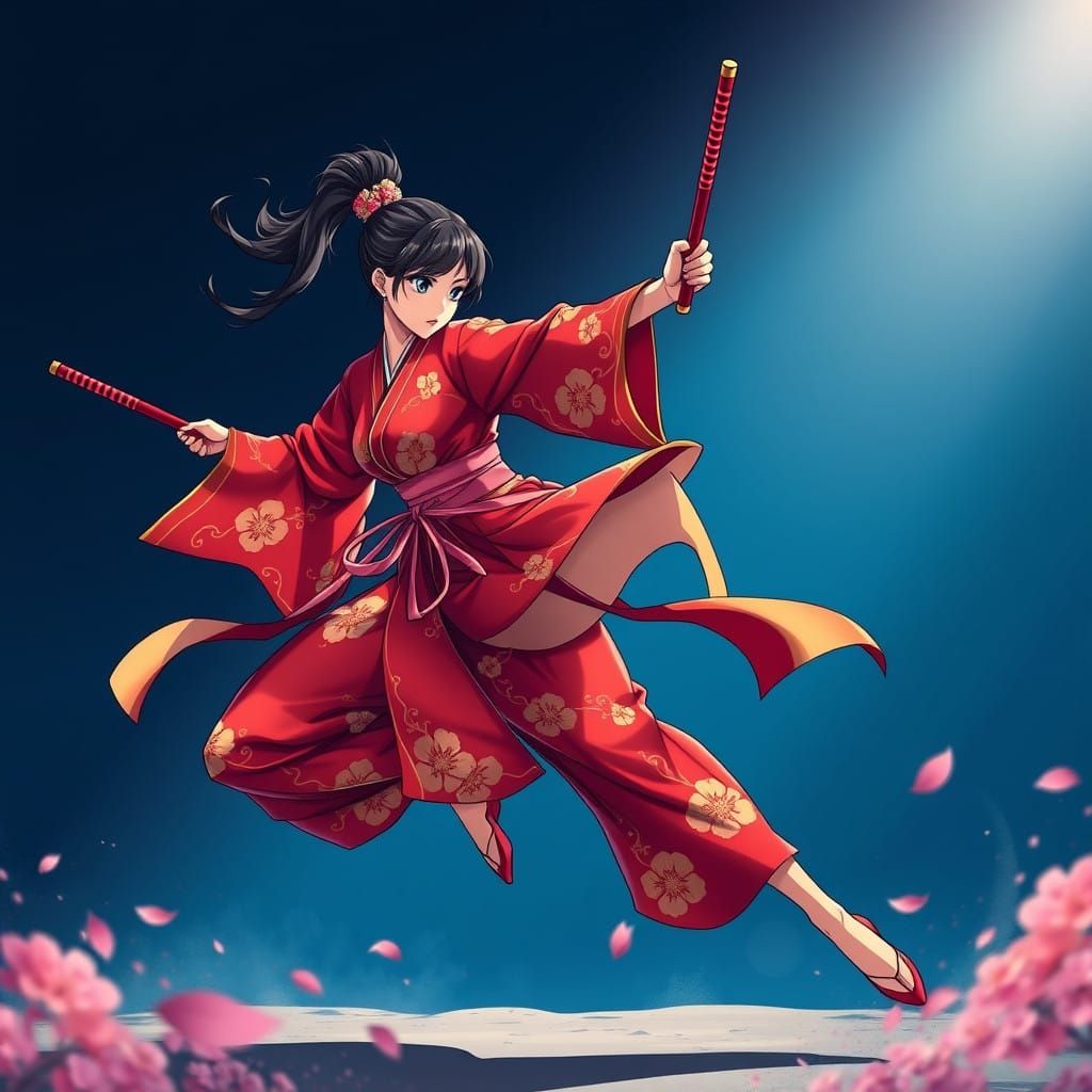 Dynamic Anime Woman in Red Kimono, Nunchaku in Hand