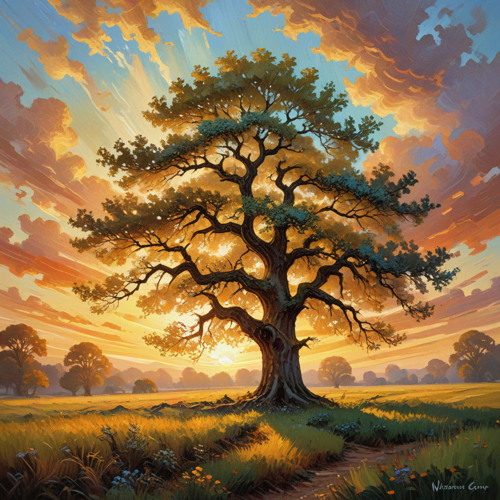 Majestic Oak Tree Basks in Sunrise Splendor, Oil Painting Ma...