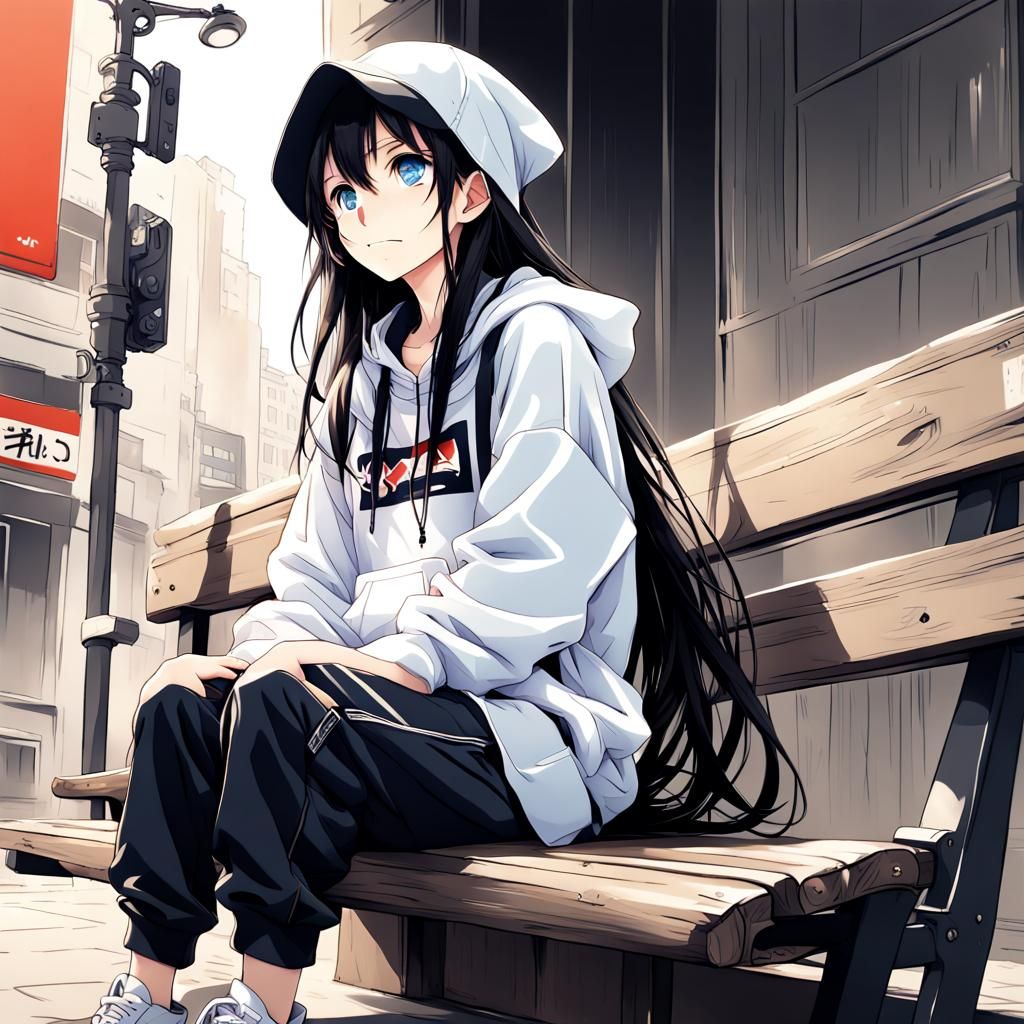 Tomboy Anime Girl on City Bench