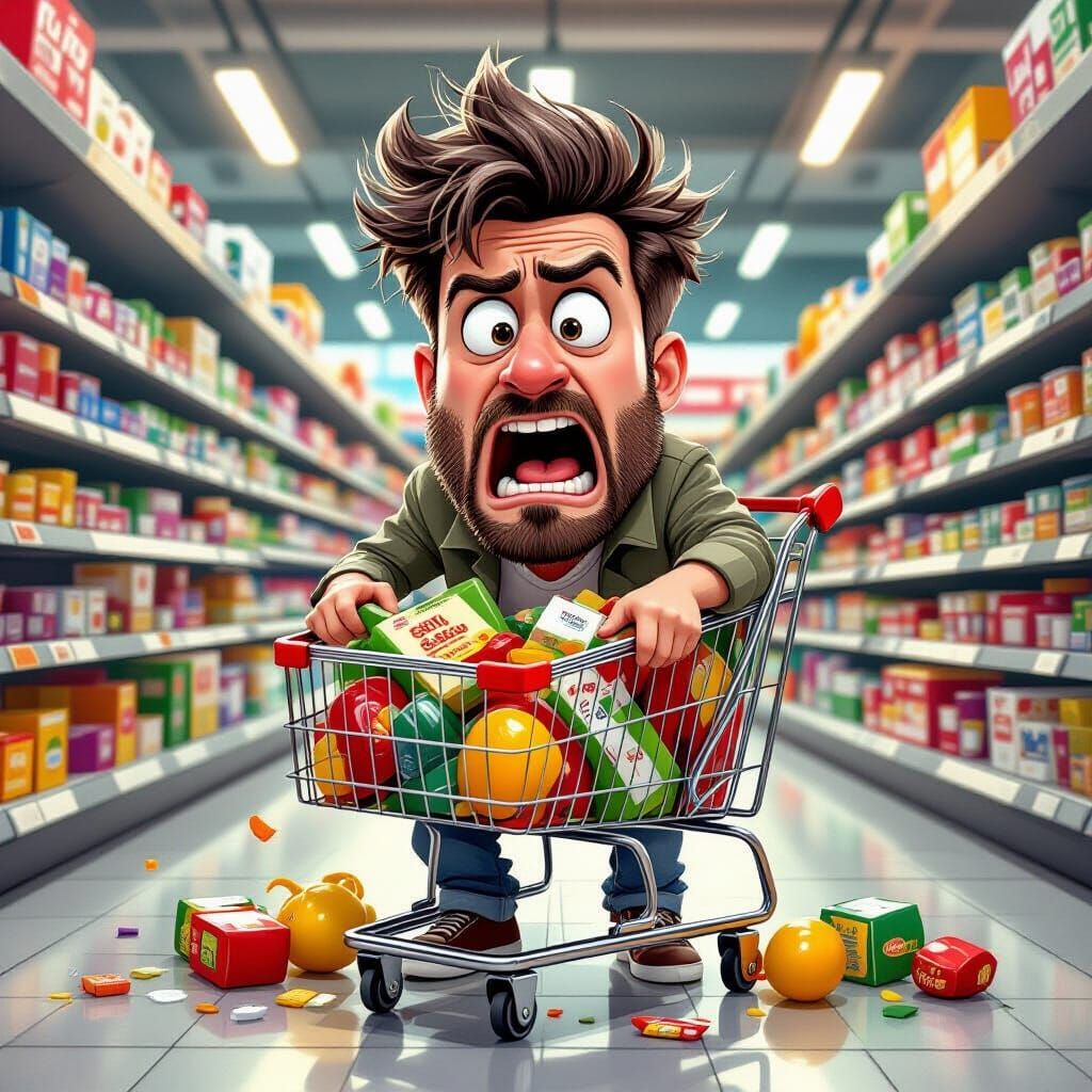 Humorous Caricature of Panicked Man at Supermarket