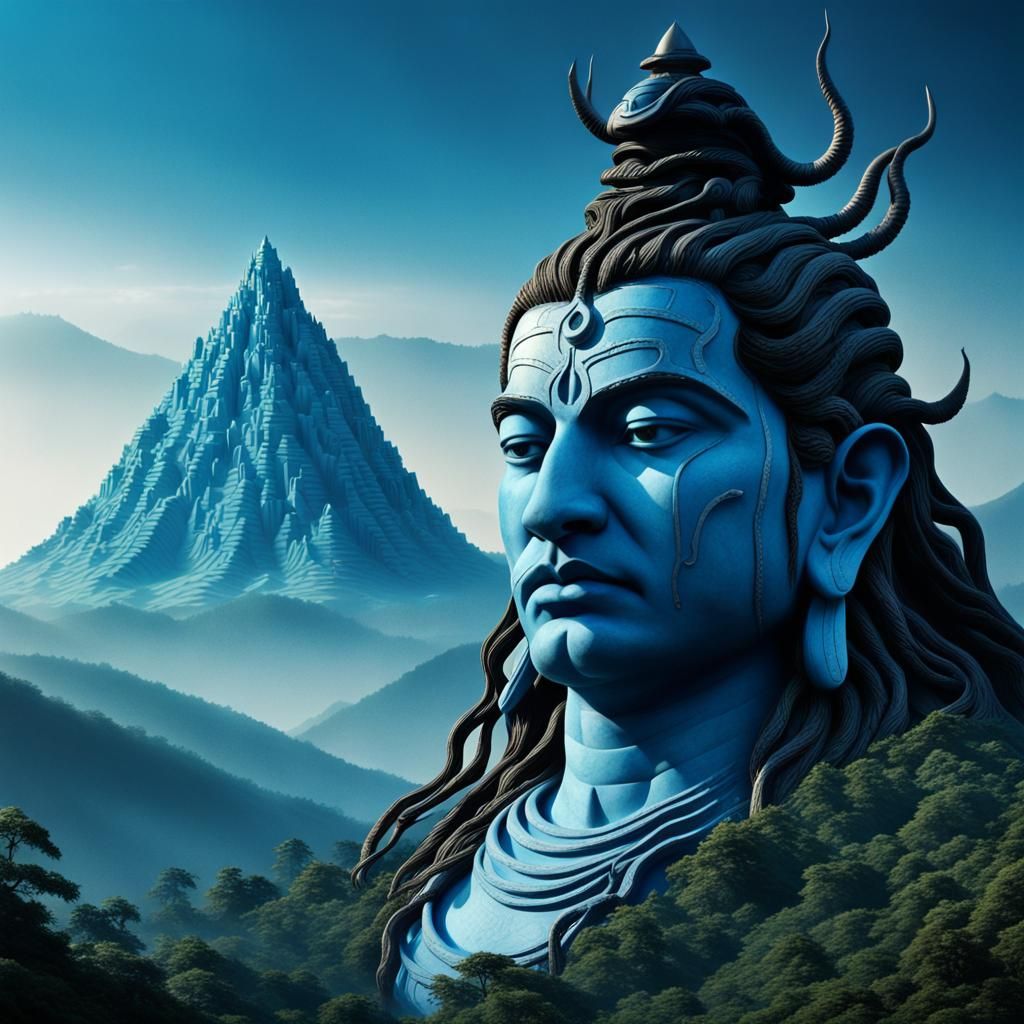 Futuristic Lord Shiva Mountain Over Forest