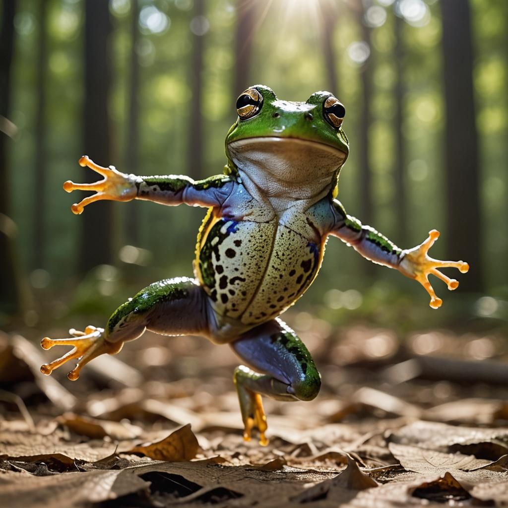 Frog Mid-Jump in Forest, Wildlife Portrait Photography