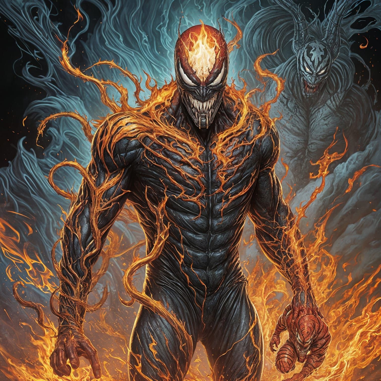 Venom, Spawn, Carnage, Tiger Fusion with Flames