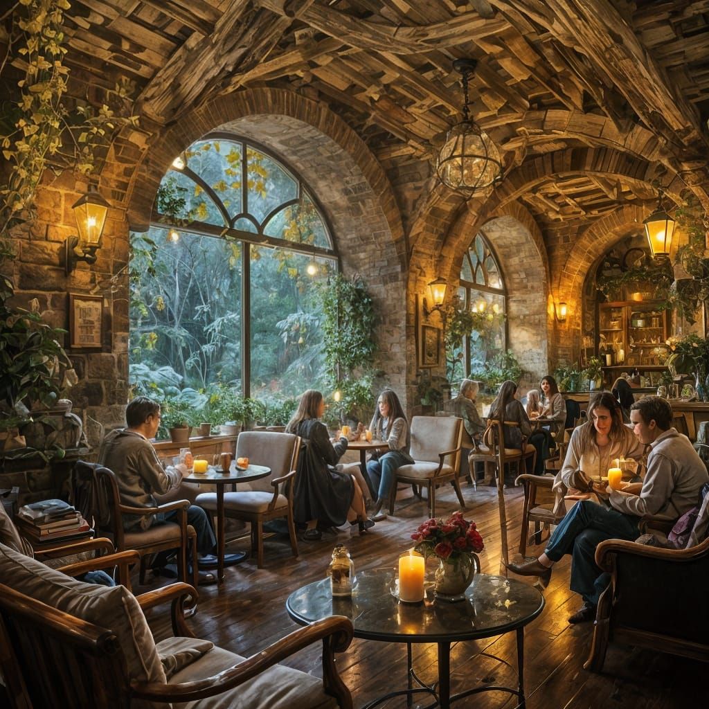 Cozy Underground Cafe in Hyperrealistic Style