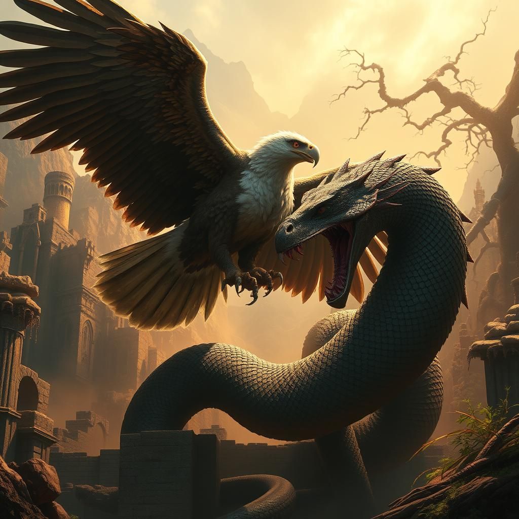 Eagle and Serpent Clash in Ancient Ruins
