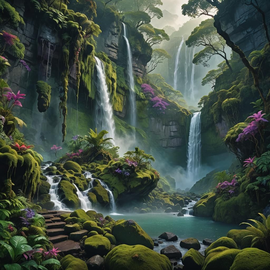 Majestic Waterfall in Fantastical Landscape, Digital Art