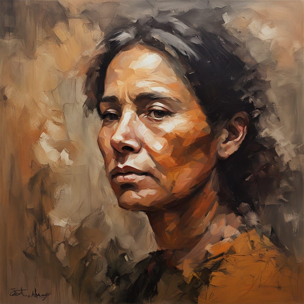 Impressionist Portrait of Tired Woman in Oil Painting Style