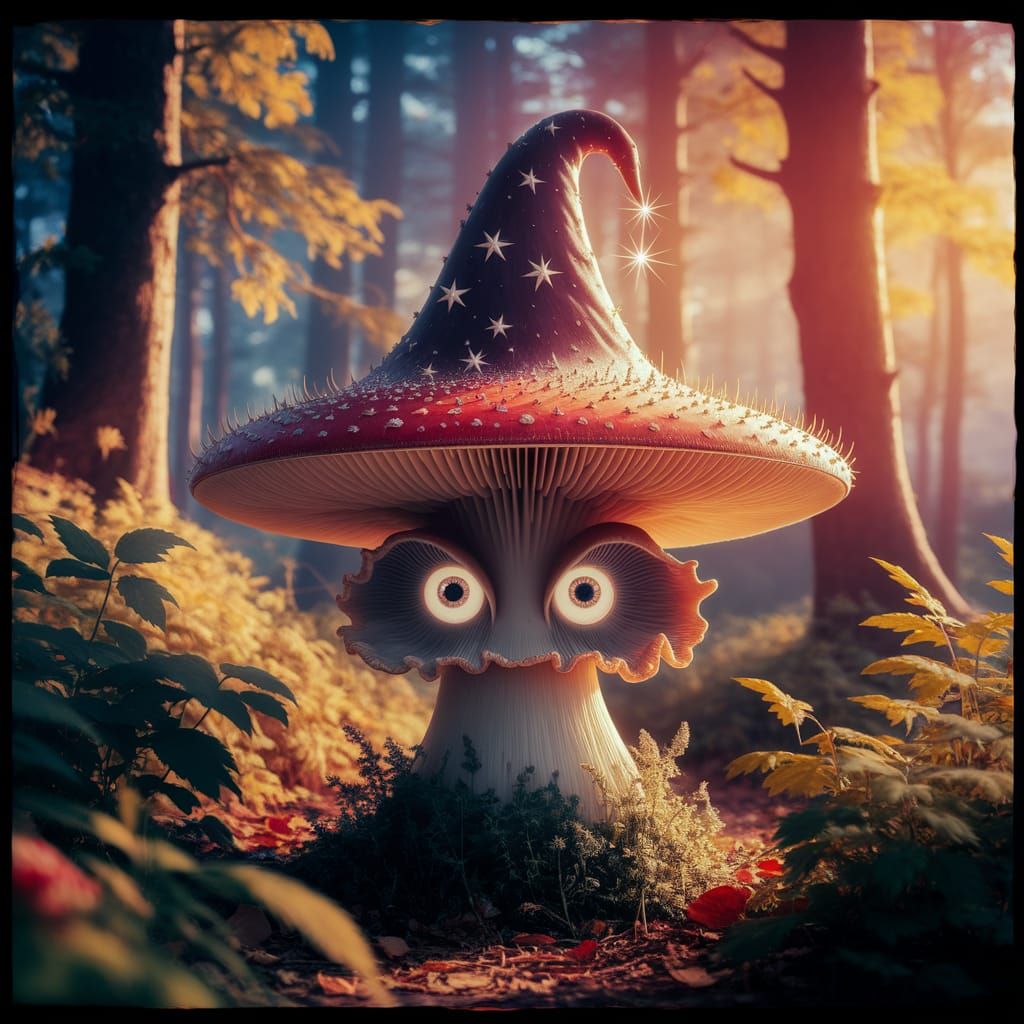 Enchanted Forest: Colossal Mushroom Witch in Golden Light