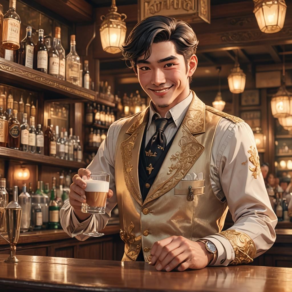 Vintage Anime Bar Manager Portrait in 3D