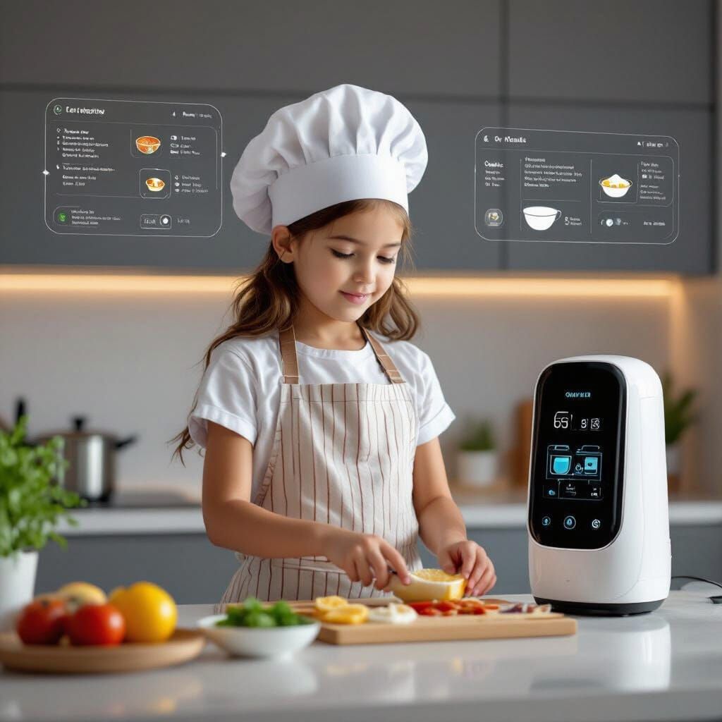 Girl Cooking with Futuristic AI Assistant in Modern Kitchen