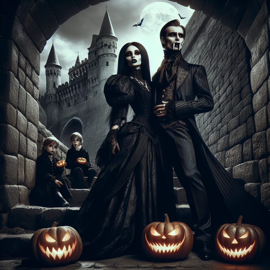 Gothic Vampire Couple at Ancient Fortress