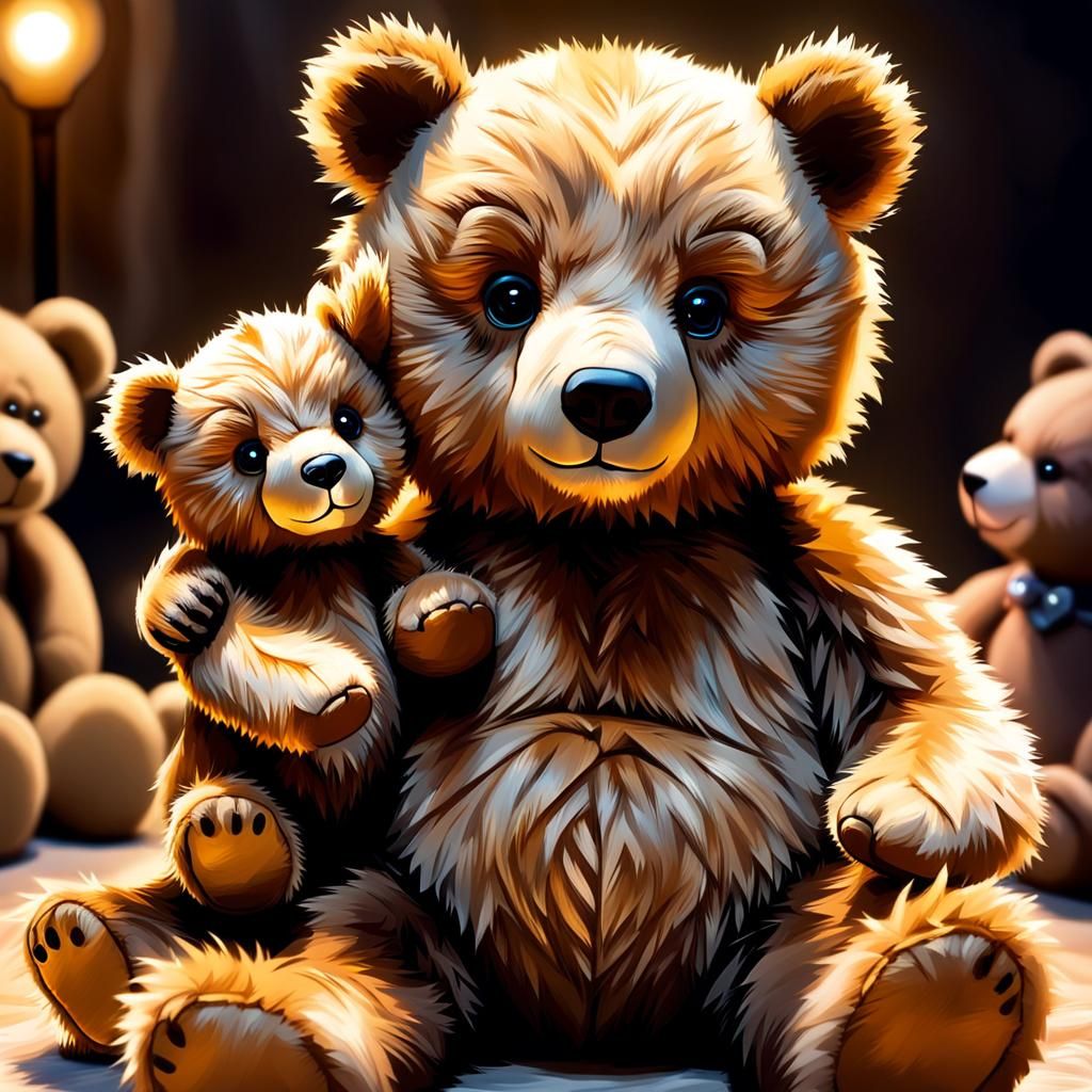 Baby Bear Cub and Teddy Bear, Digital Art