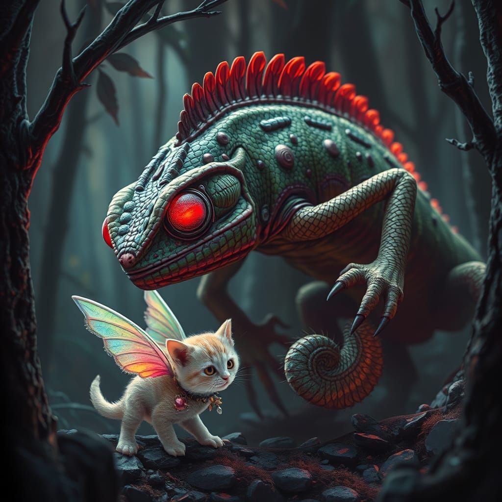 Diabolical Mutant Chameleon Catches Winged Kitten
