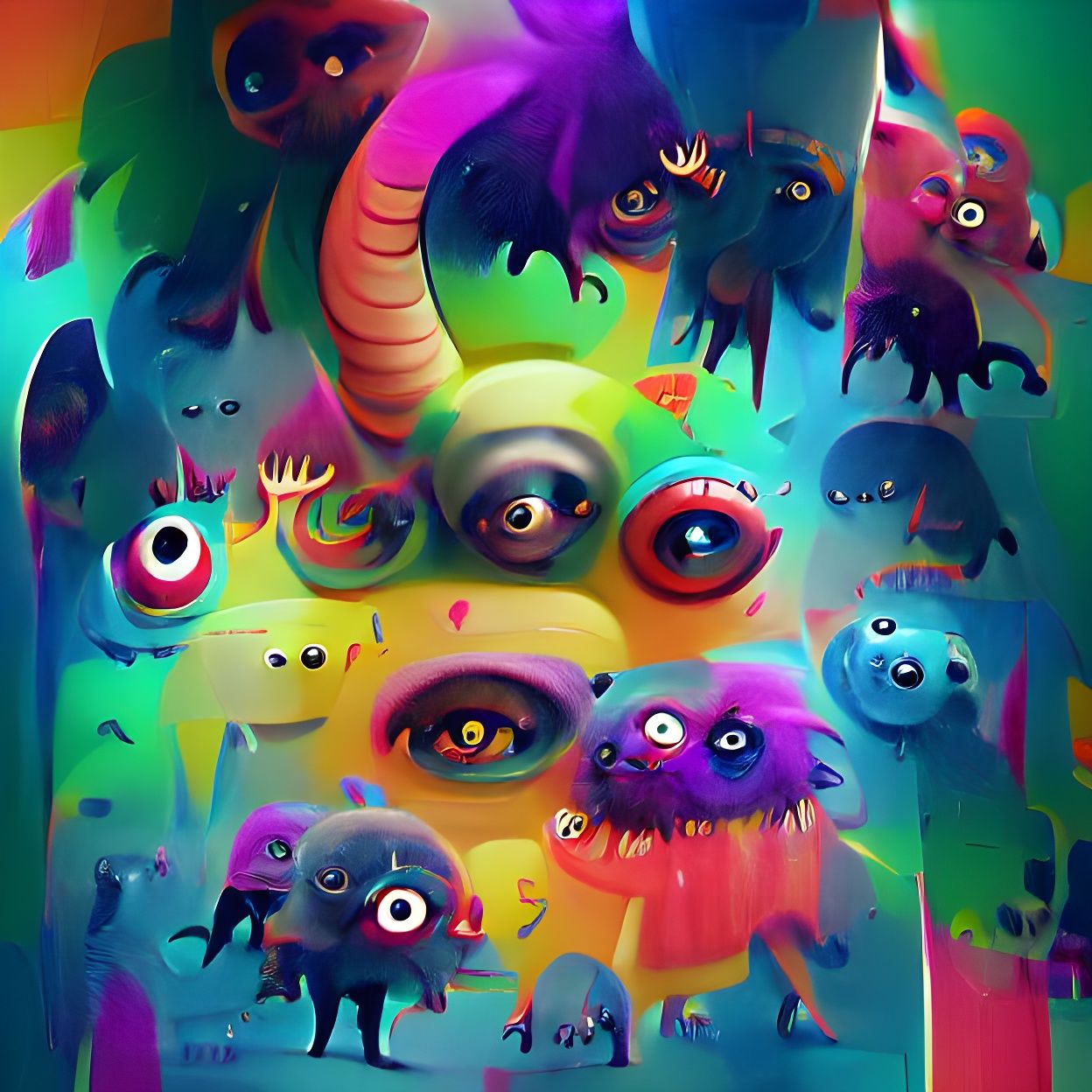 Cute Multi-Eyed Monsters in Psychedelic Art