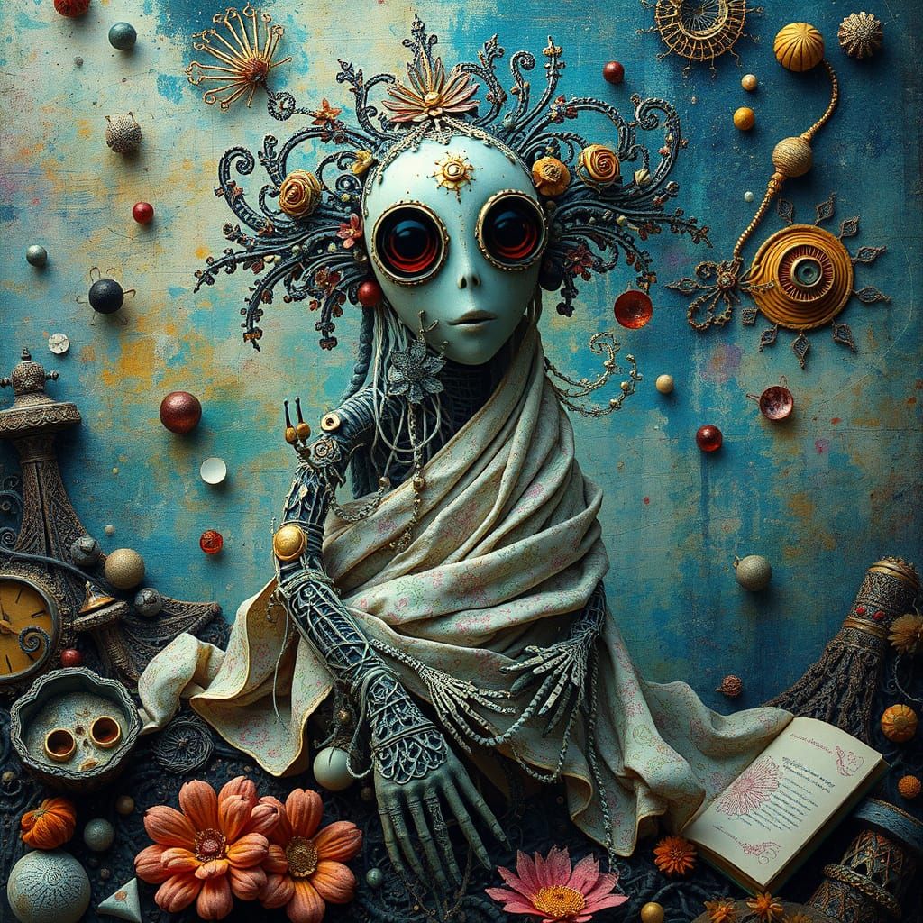 Whimsical Folkloric Robot in Vibrant, Ethereal Landscape