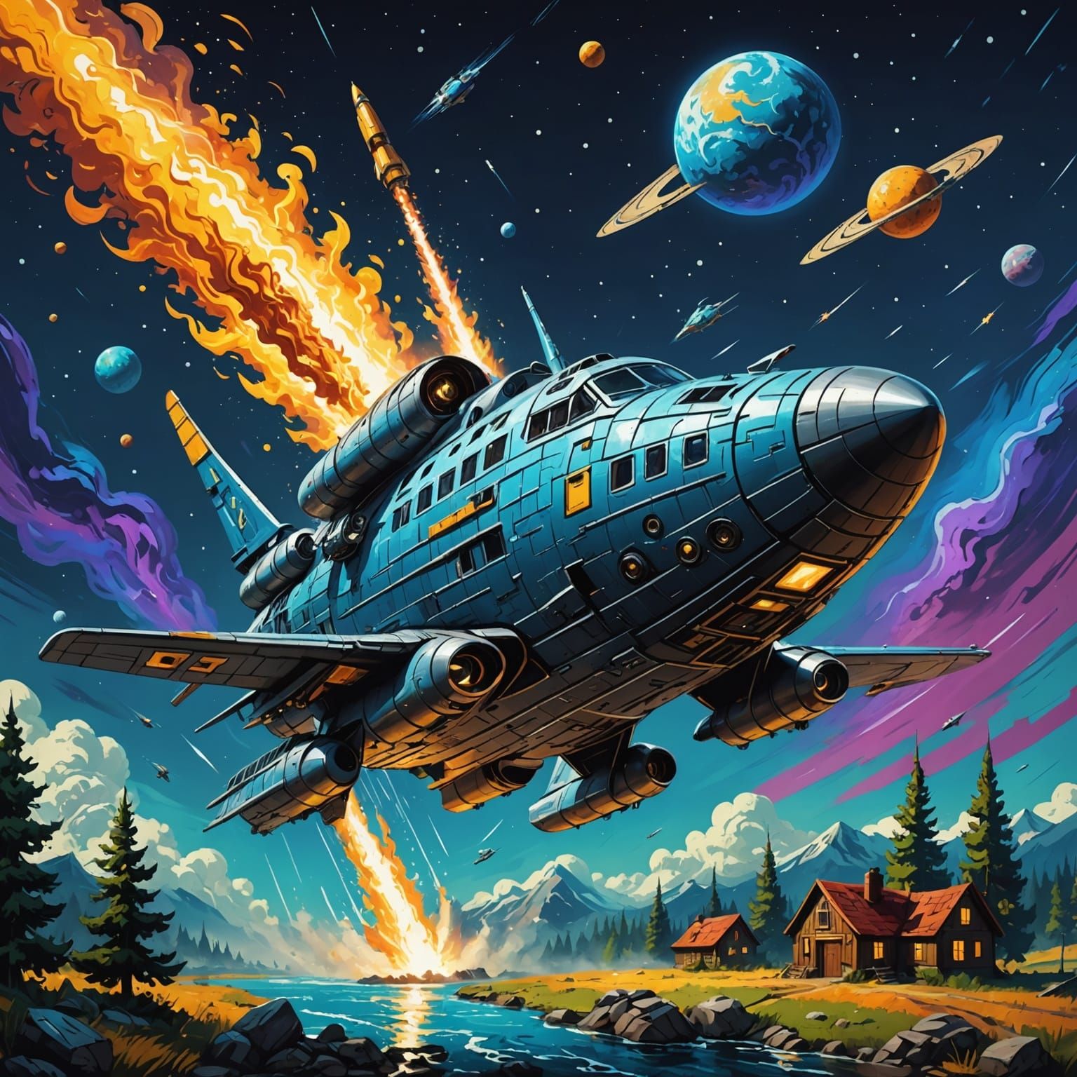 Van Gogh Style Spaceship Launch: Detailed Matte Painting