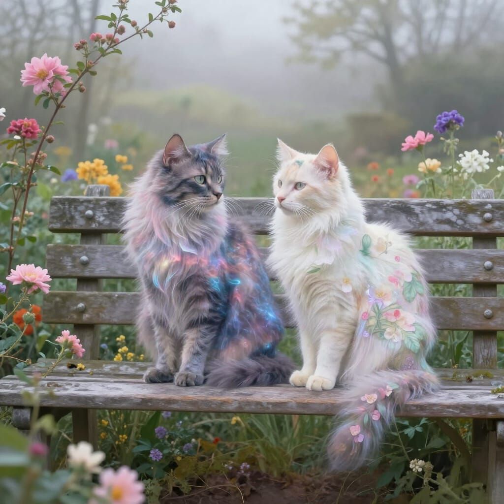 Ethereal Cats in a Blooming Garden Double Exposure