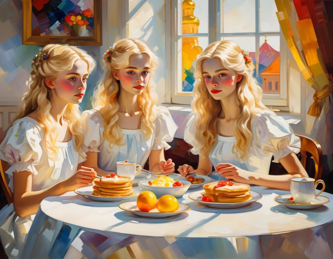 Elegant Epancin Sisters in Whimsical Russian Breakfast Scene