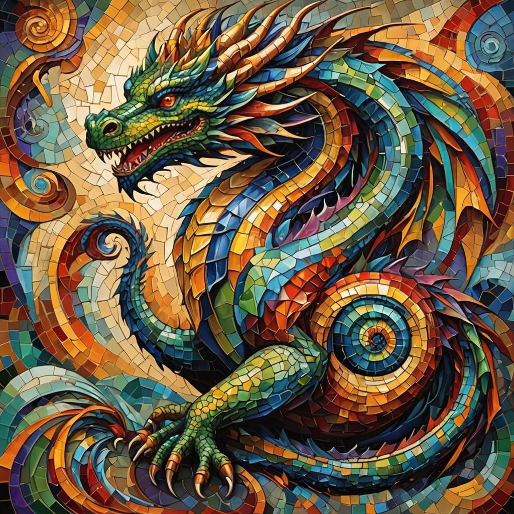 Mosaic Dragon in Neo-Impressionist Style