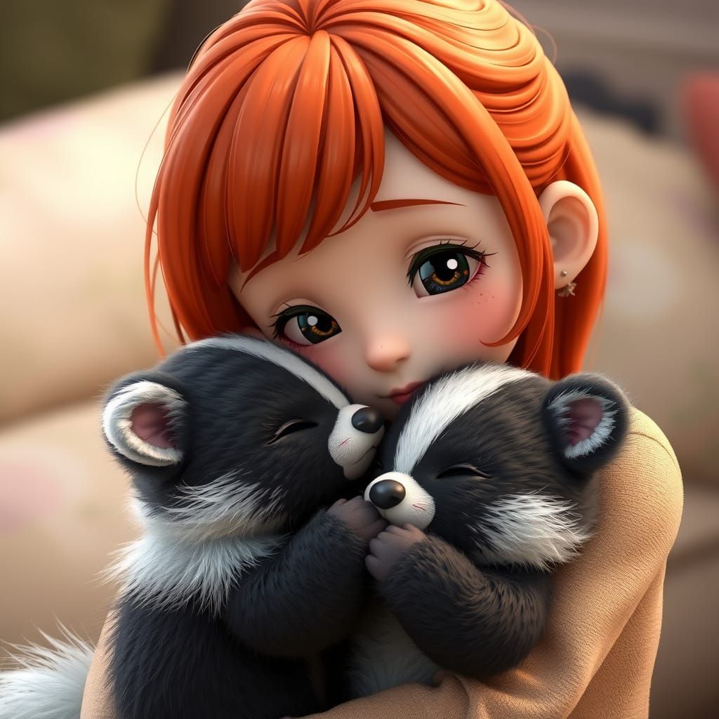 Sweetheart Skunk Snuggle in Whimsical Anime Style