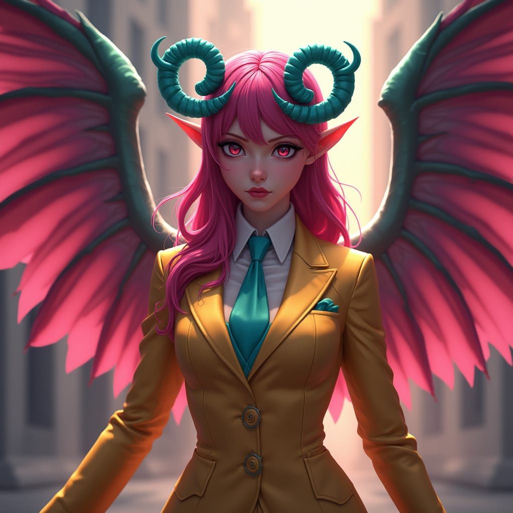 Winged Tiefling Barbarian in Gold Business Suit