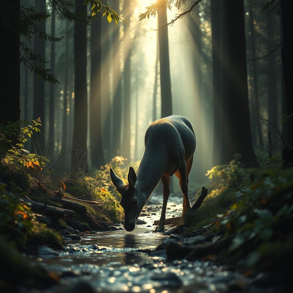 Majestic Deer in Forest Stream, Ethereal Landscape